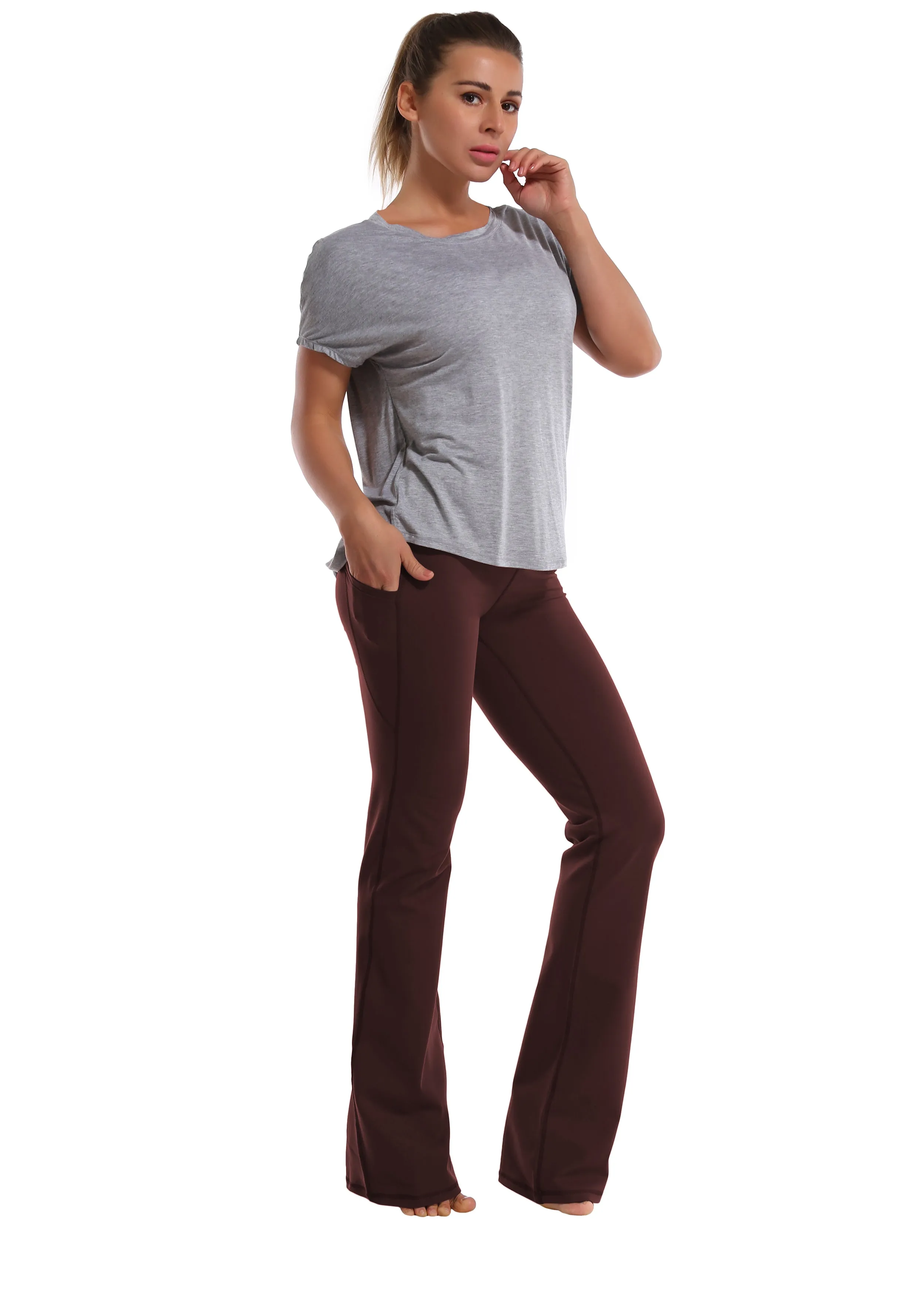 29" 31" 33" 35" 37"  Side Pockets Bootcut Leggings mahoganymaroon