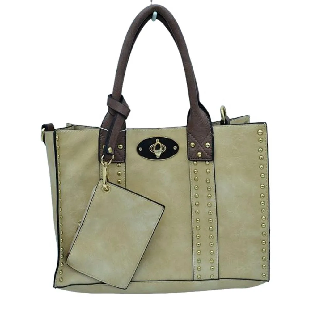 3 In 1 Faux Leather Top Handle Tote Bag With Purse