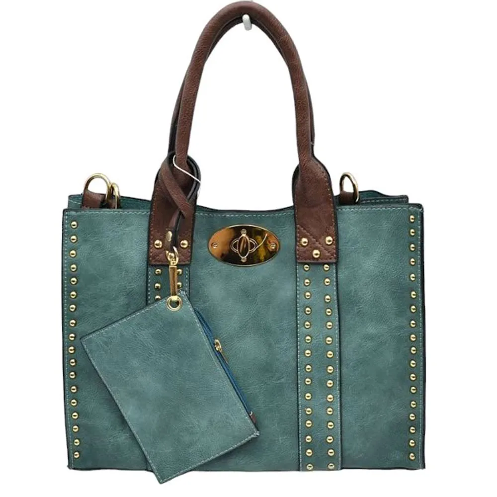 3 In 1 Faux Leather Top Handle Tote Bag With Purse