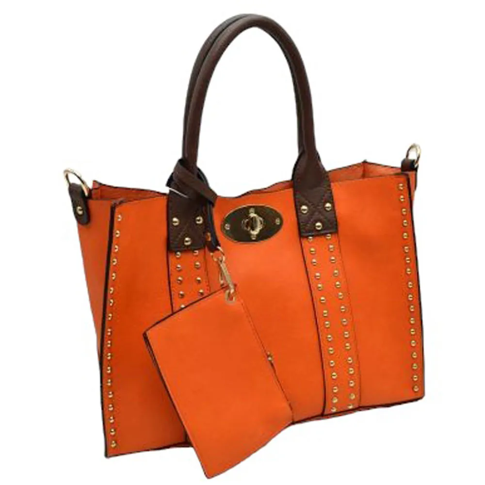 3 In 1 Faux Leather Top Handle Tote Bag With Purse