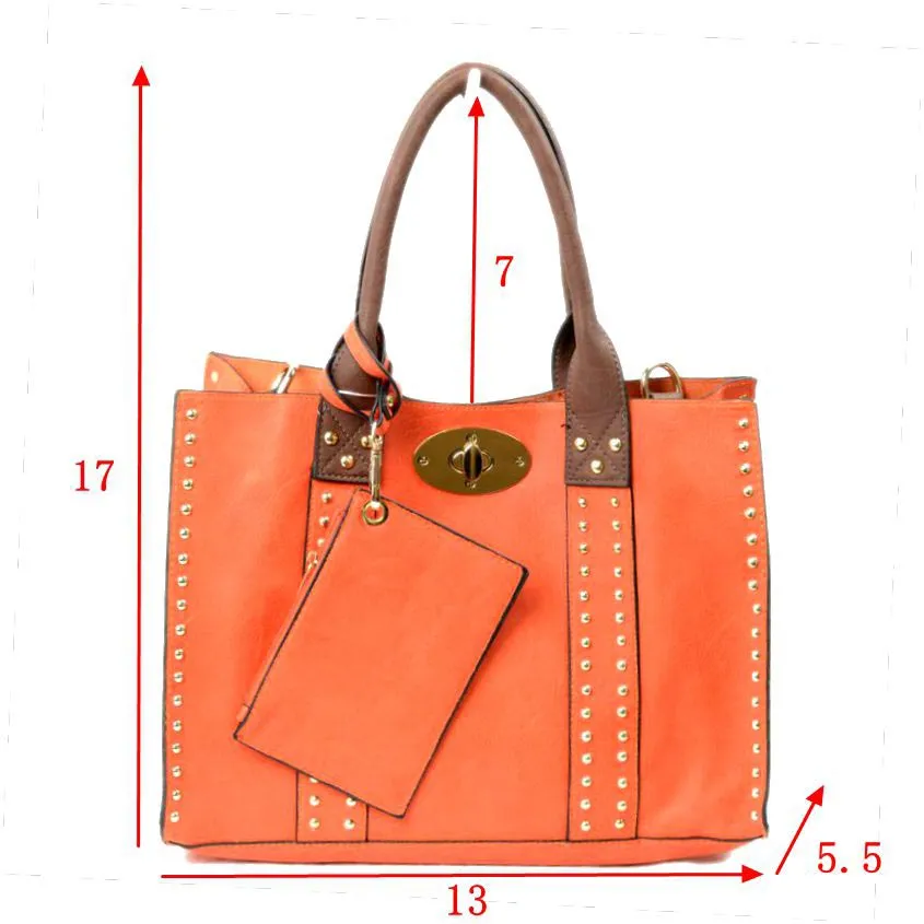 3 In 1 Faux Leather Top Handle Tote Bag With Purse