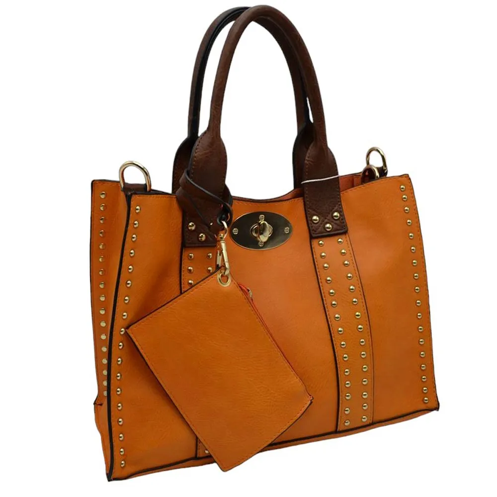 3 In 1 Faux Leather Top Handle Tote Bag With Purse