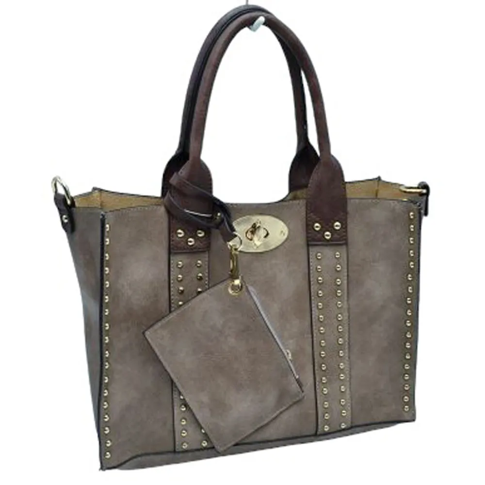 3 In 1 Faux Leather Top Handle Tote Bag With Purse