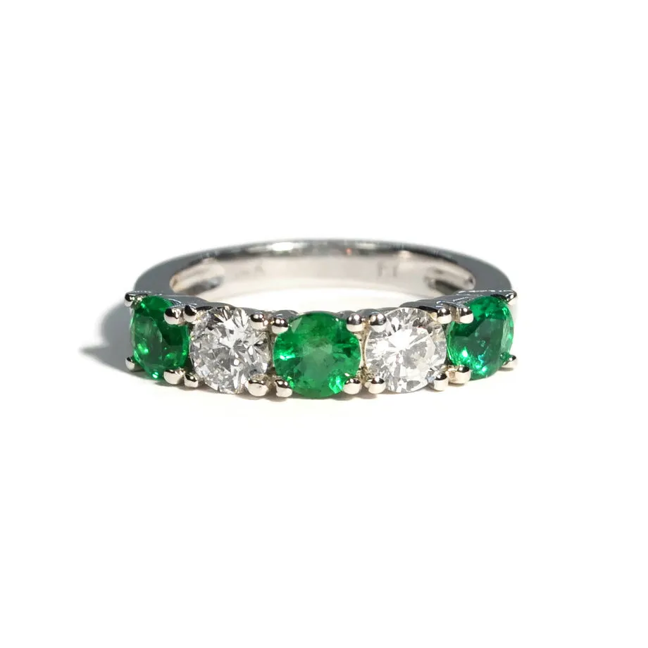 AFJ Gemstone Collection - 5 Stone Ring with Diamonds and Emeralds, White Gold