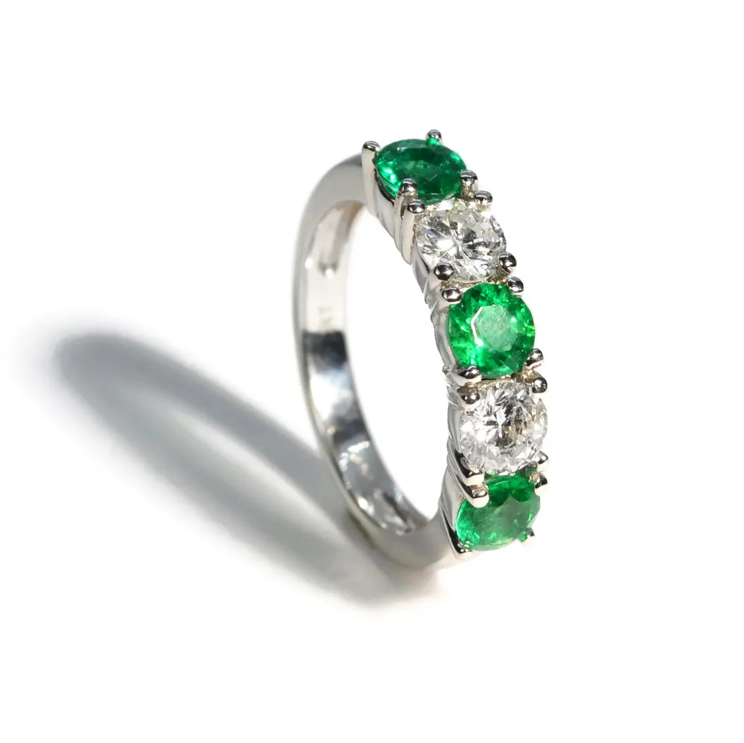 AFJ Gemstone Collection - 5 Stone Ring with Diamonds and Emeralds, White Gold