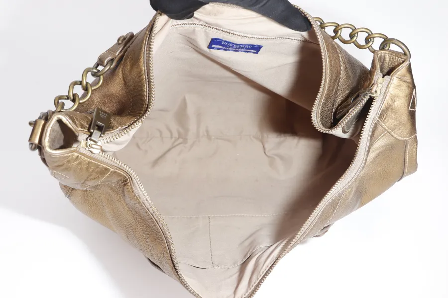 BURBERRY BLUE LABEL METALLIC GOLD LARGE HOBO BAG GOLD HARDWARE, WITH DUST COVER