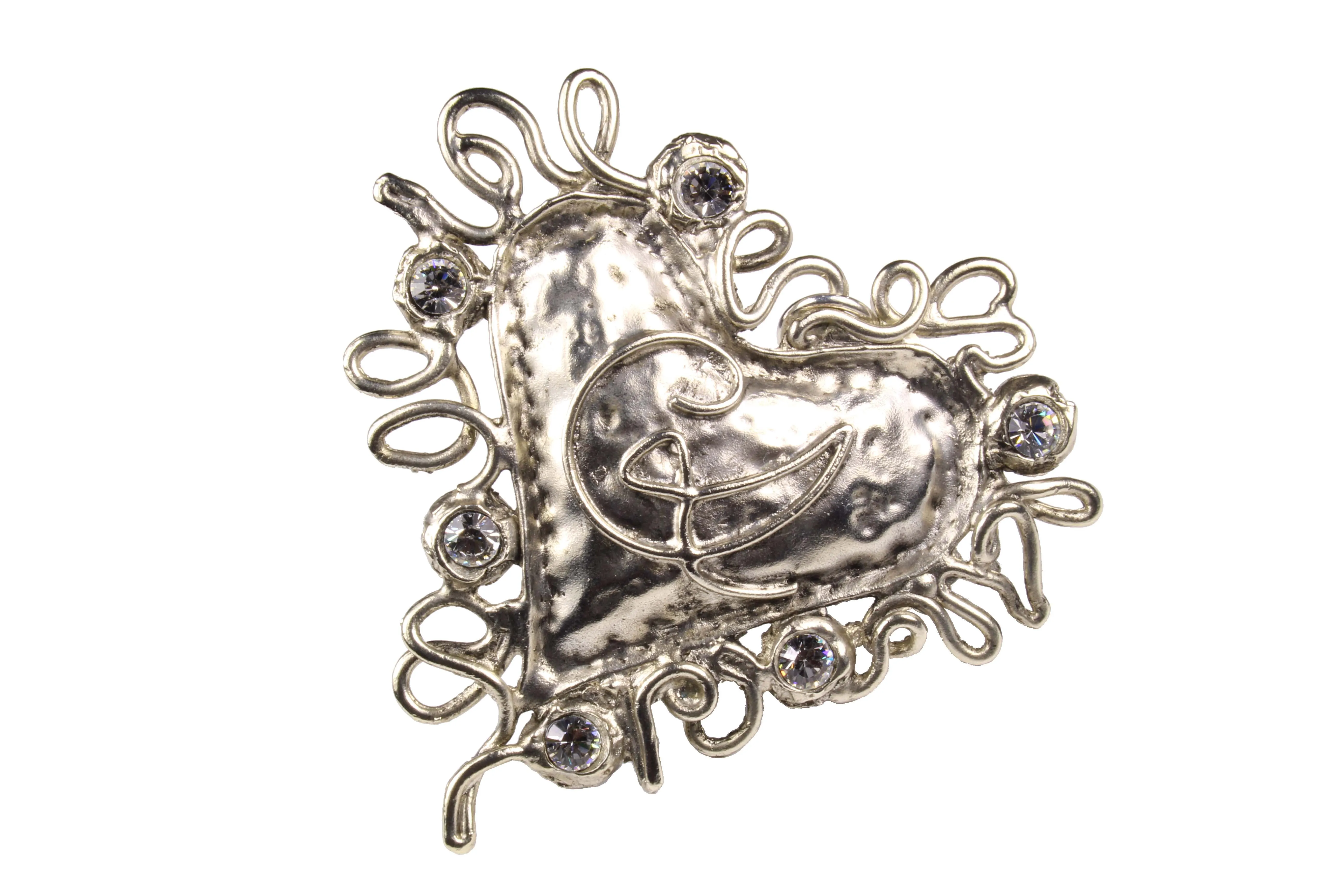 CHRISTIAN LACROIX large silver heart monogram brooch