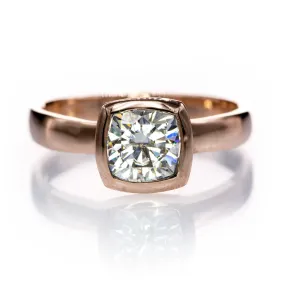 Cushion Moissanite Bezel Solitaire Engagement Ring in 14k Gold