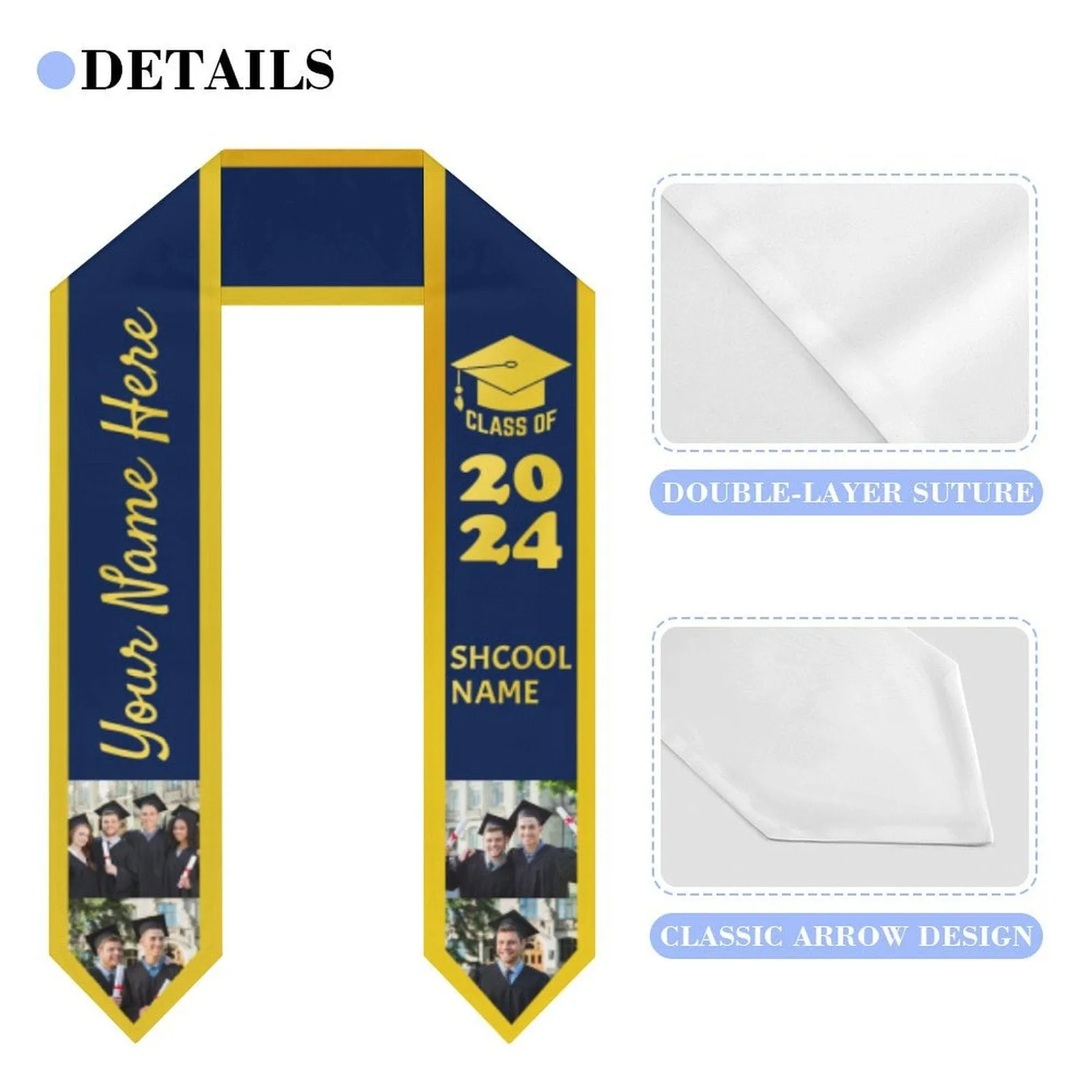 Custom Photo&Name Dark Blue Graduation Stoles Sash Class of 2024 Graduation Gift