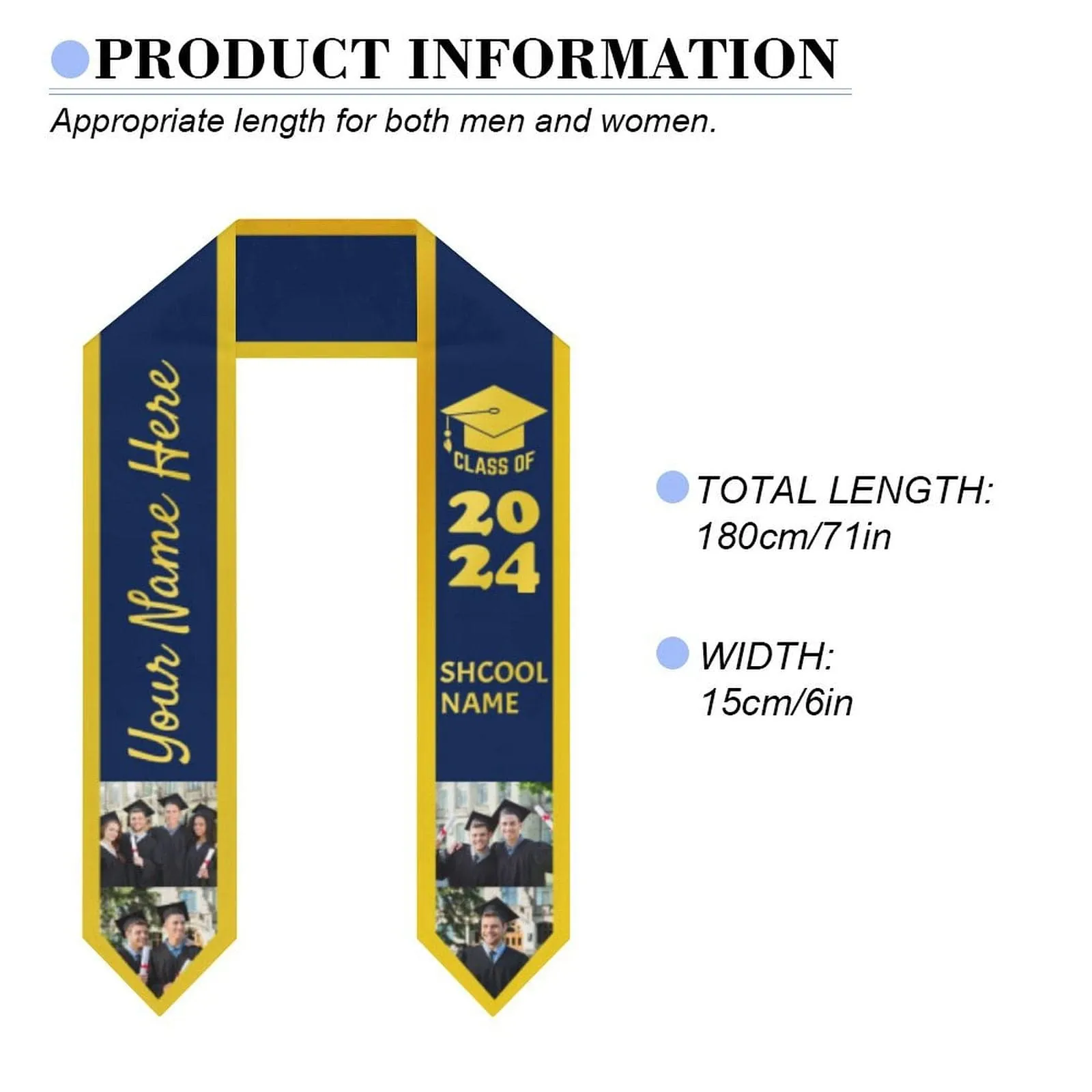 Custom Photo&Name Dark Blue Graduation Stoles Sash Class of 2024 Graduation Gift