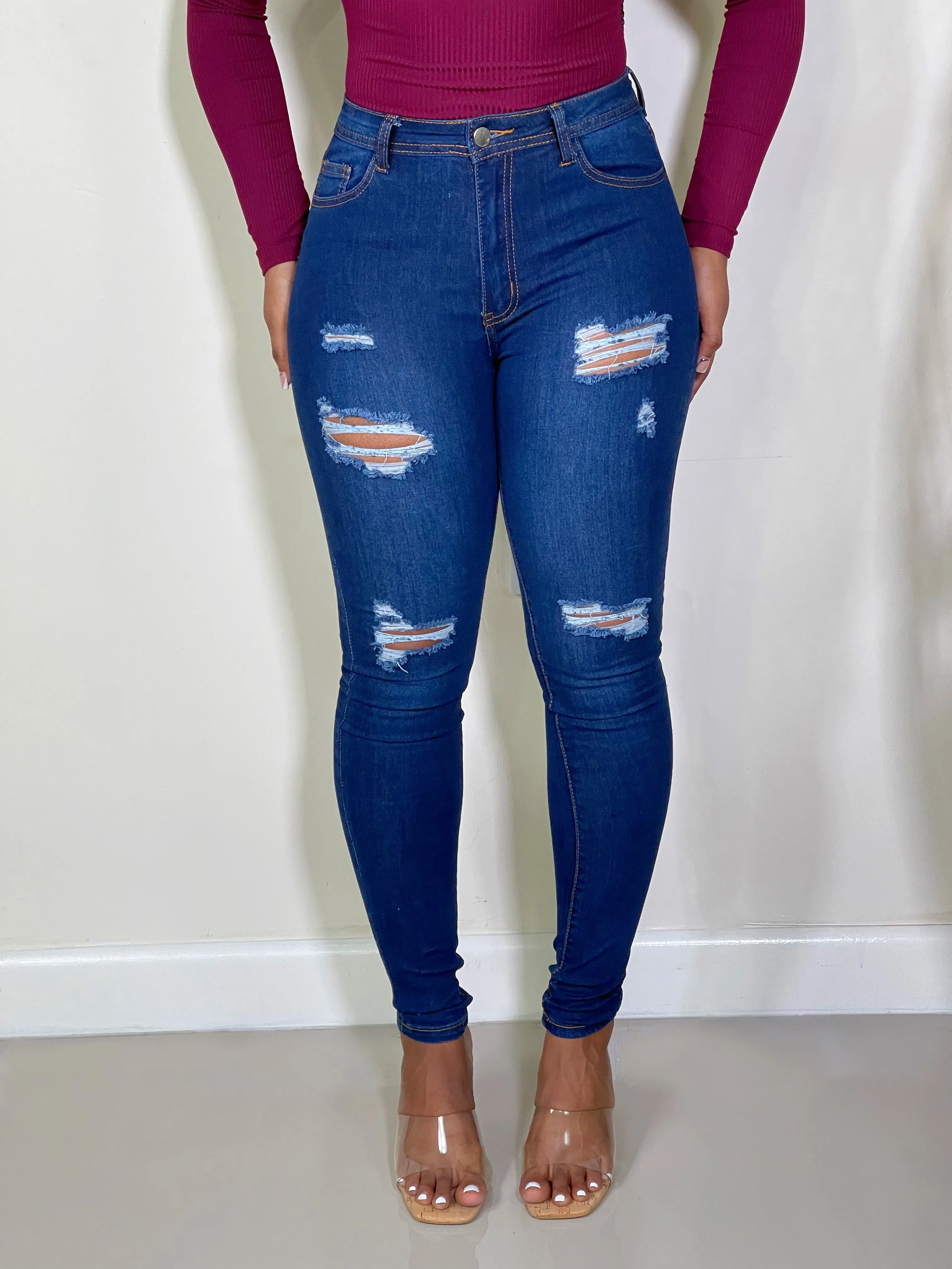 Ella Ripped High Waist Skinny Jeans-Dark Blue