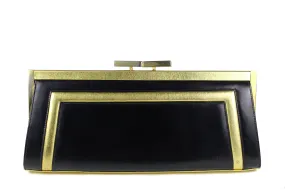 Elongated black and gold leather clutch