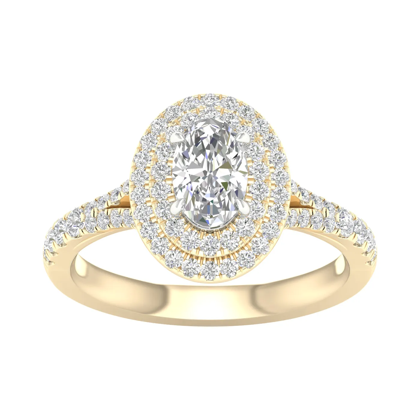 Engagement Ring Oval Cut with Double Halo and Side Diamonds