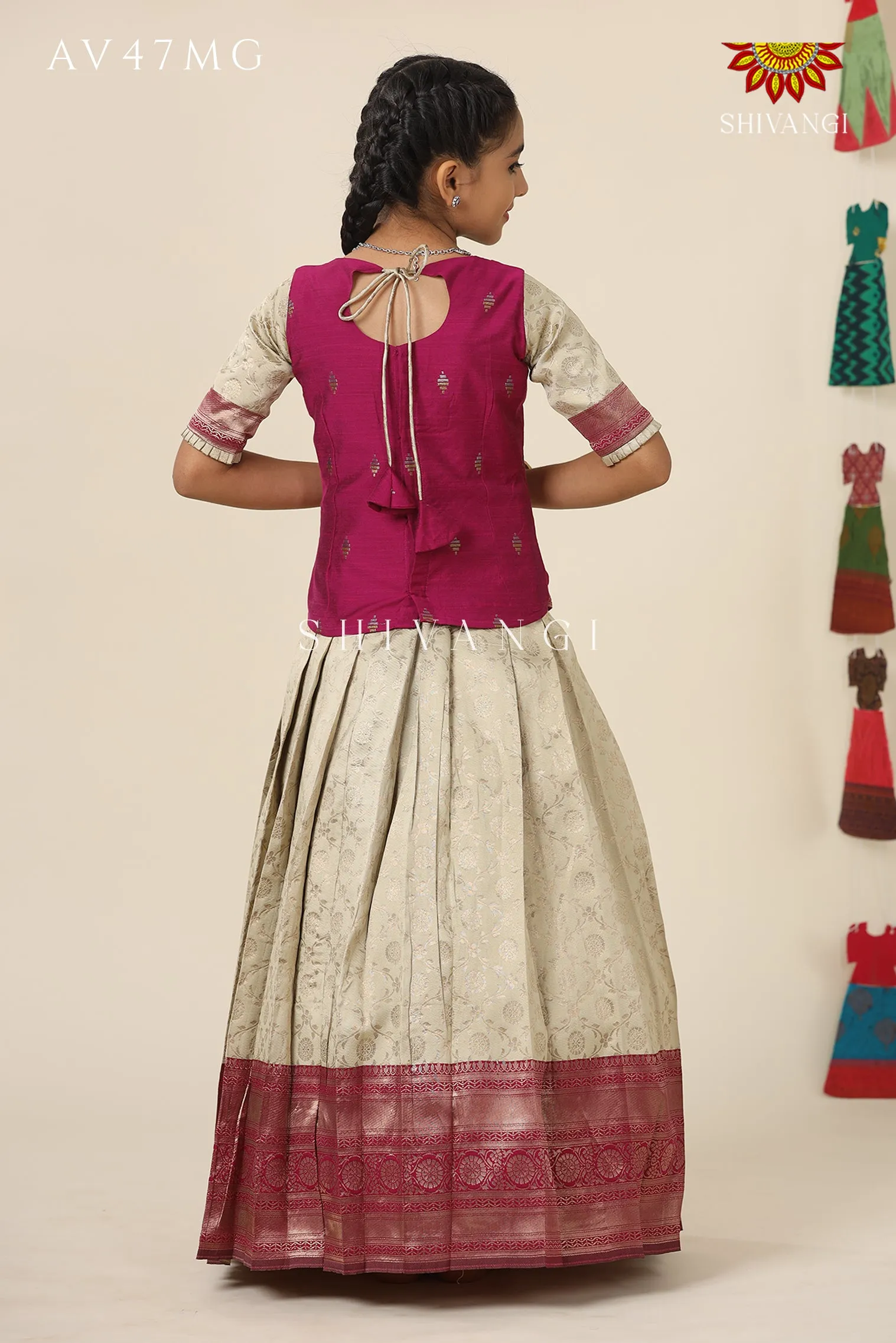 Festive Collection - Magenta Banaras Mughal Pattu Pavadai  For Girls !!