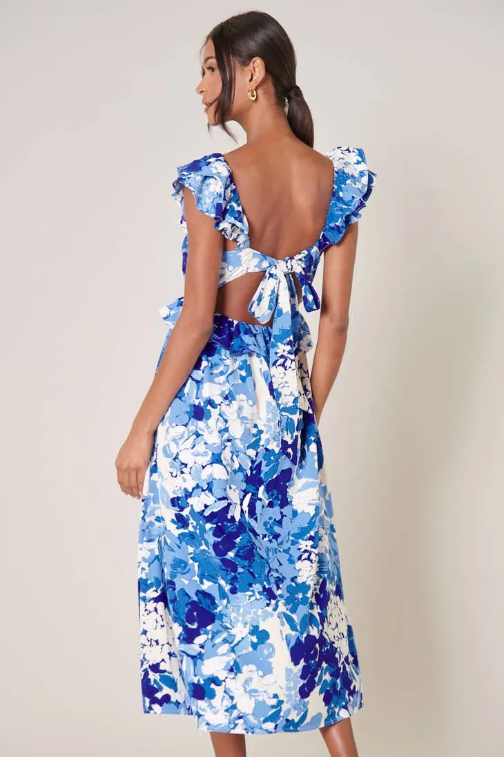 GYPSUM BERRY BLUE FLORAL TIE BACK CUTOUT MIDI DRESS