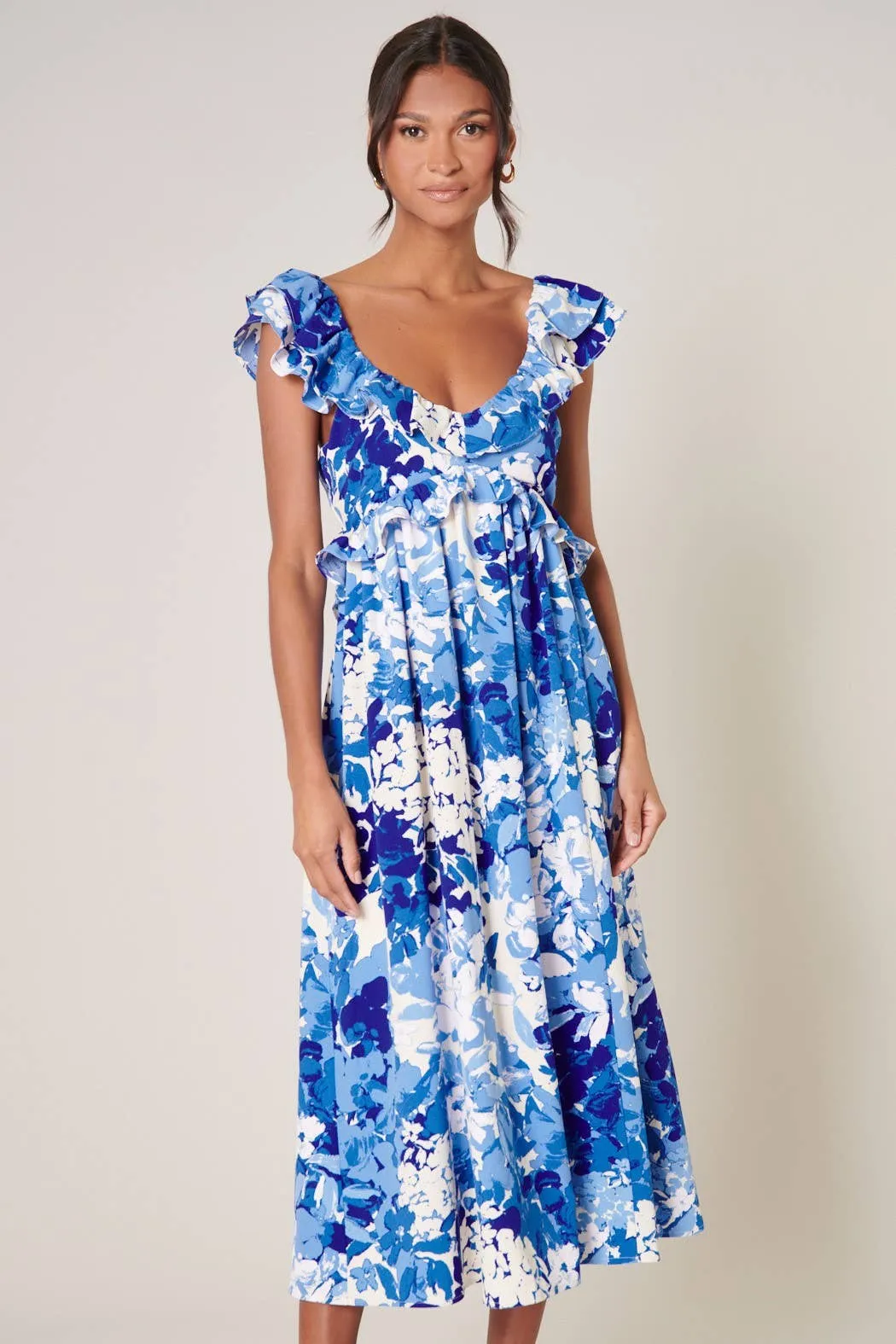 GYPSUM BERRY BLUE FLORAL TIE BACK CUTOUT MIDI DRESS