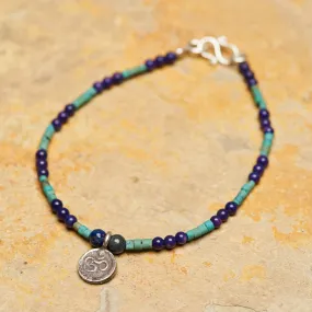 Hand Made Tibetan Ohm Mala With Lapis And Turquoise Beads Bracelet