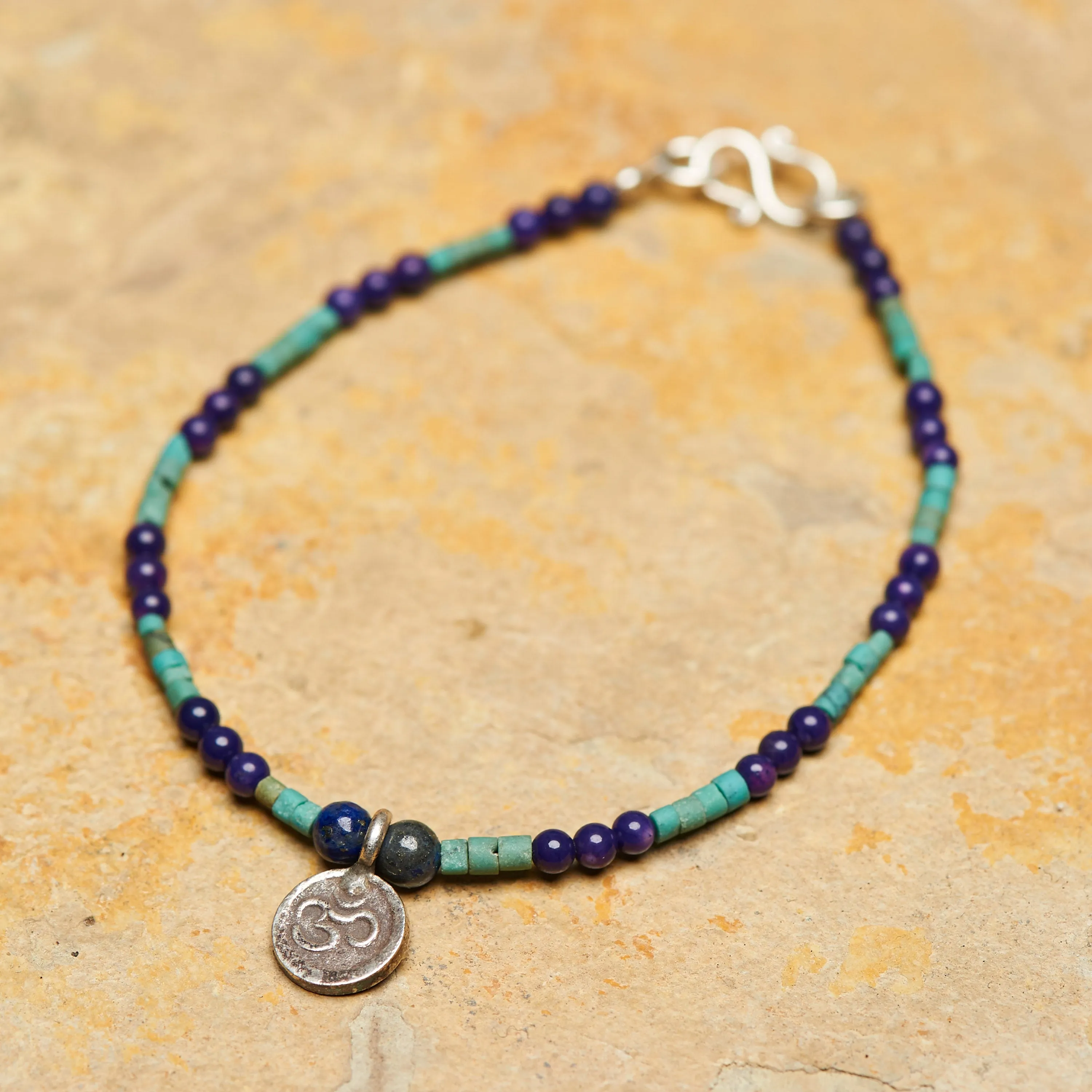 Hand Made Tibetan Ohm Mala With Lapis And Turquoise Beads Bracelet