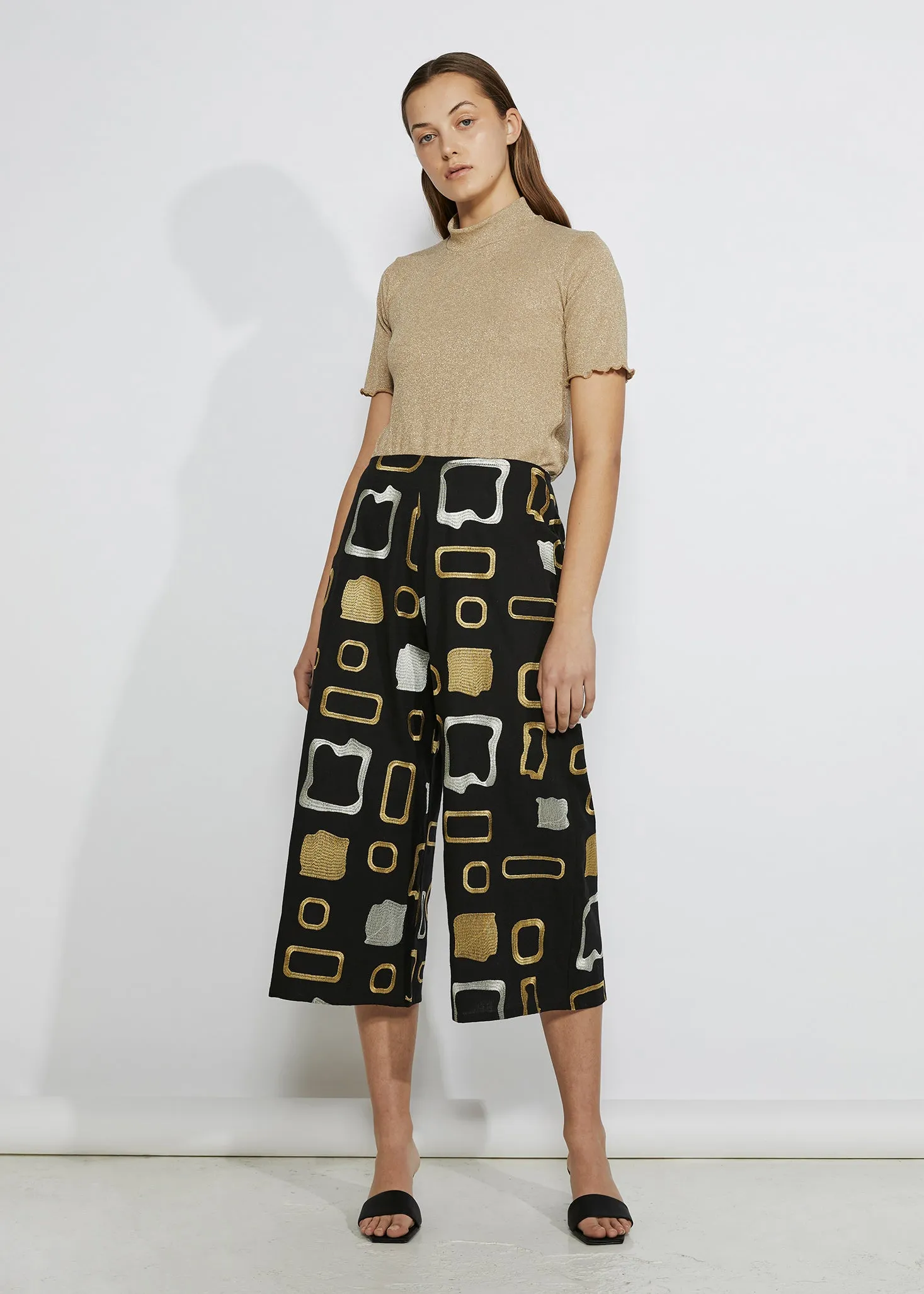 HEAVY METAL CULOTTES [ Gold, Silver Patterned Embroidery On Black Cotton ]