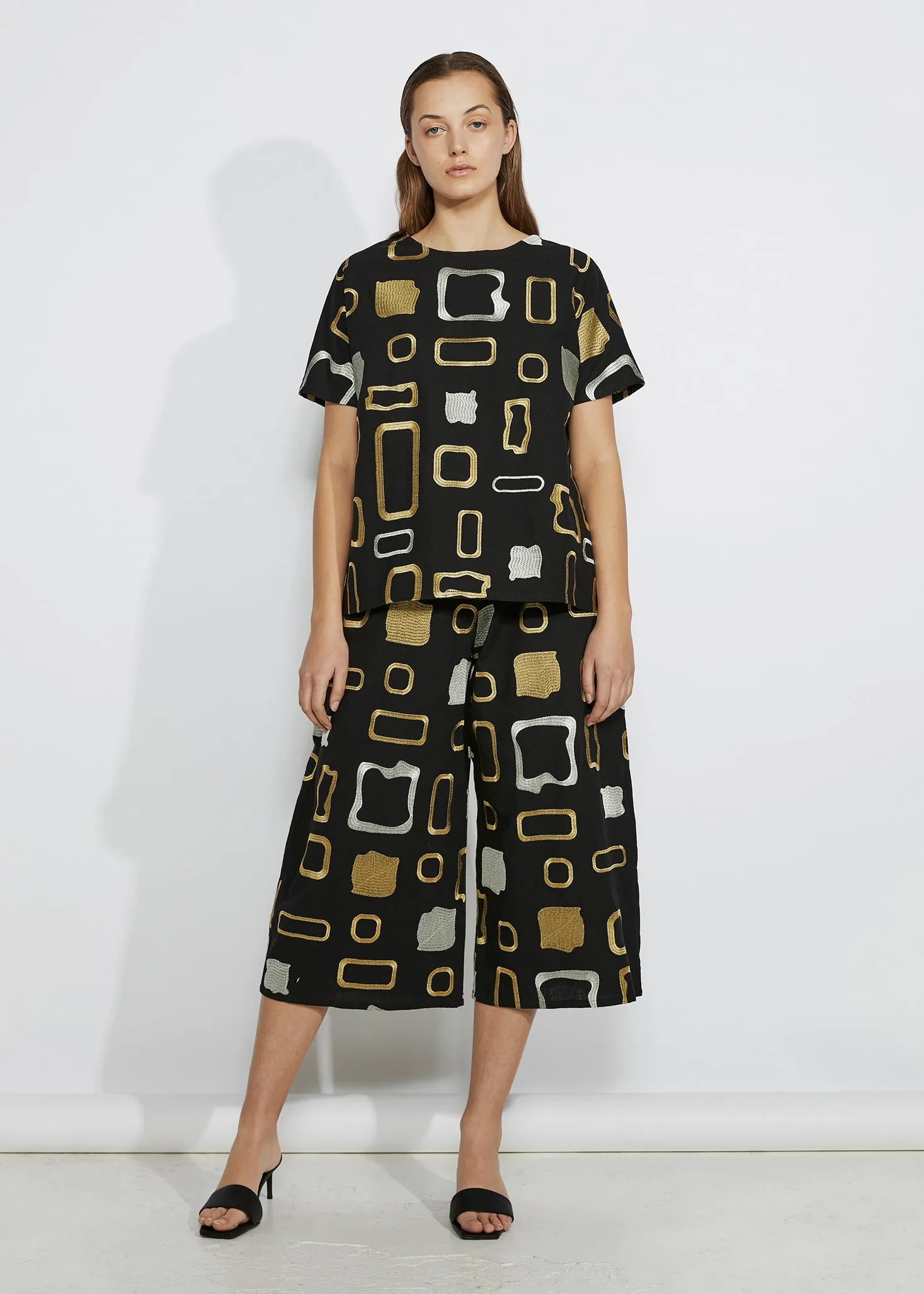 HEAVY METAL CULOTTES [ Gold, Silver Patterned Embroidery On Black Cotton ]