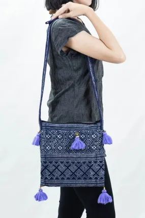 Hmong Indigo Batik Crossbody Sling Bag with Violet Tassels