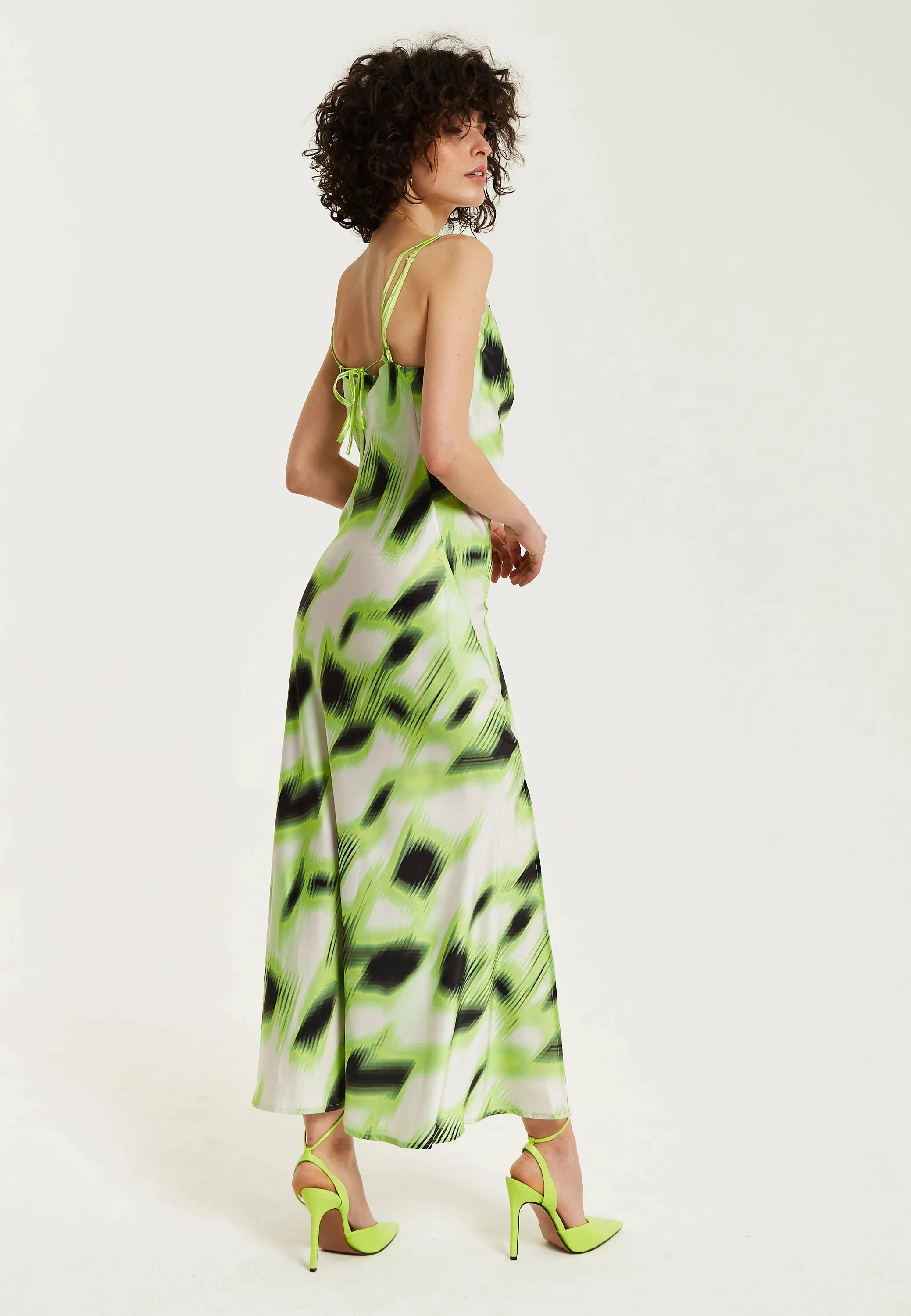 Liquorish Green And Black Abstract Print Cowl Neck Midi