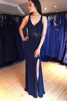 Navy Blue V Neck Backless Top Lace Prom Dresses with Split Side