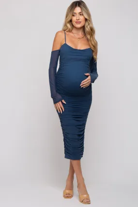 Navy Mesh Ruched Long Sleeve Maternity Midi Dress