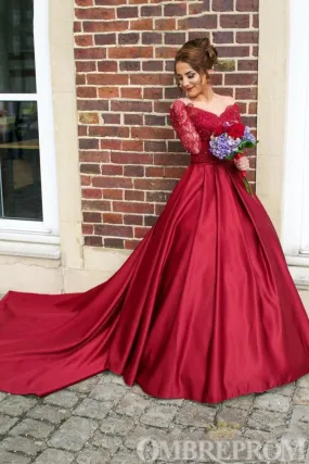 Red Long Sleeves Off Shoulder Ball Gowns Long Prom Dresses