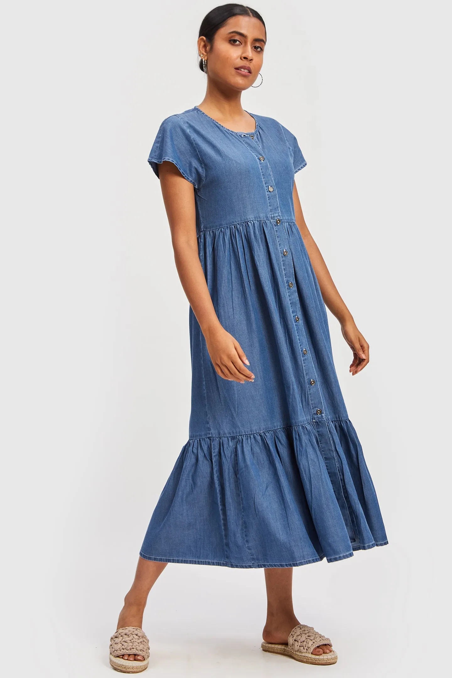 Reistor Tiered Denim Shirt Dress