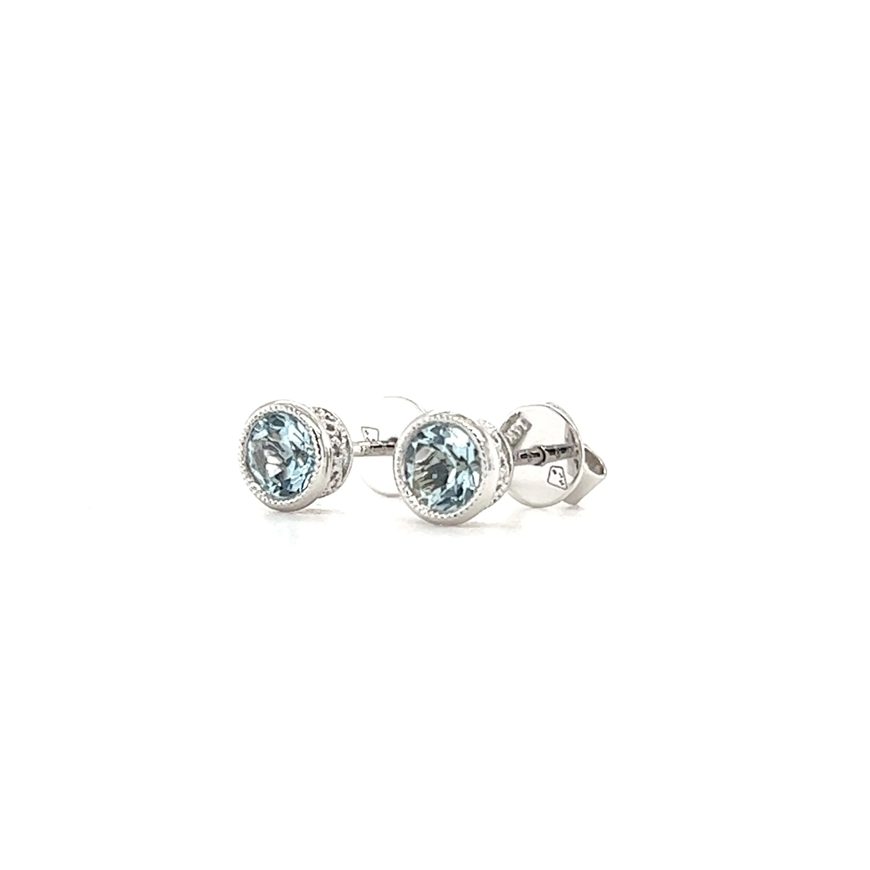 Round Aquamarine Stud Earrings with Filigree and Milgrain in 14K White Gold