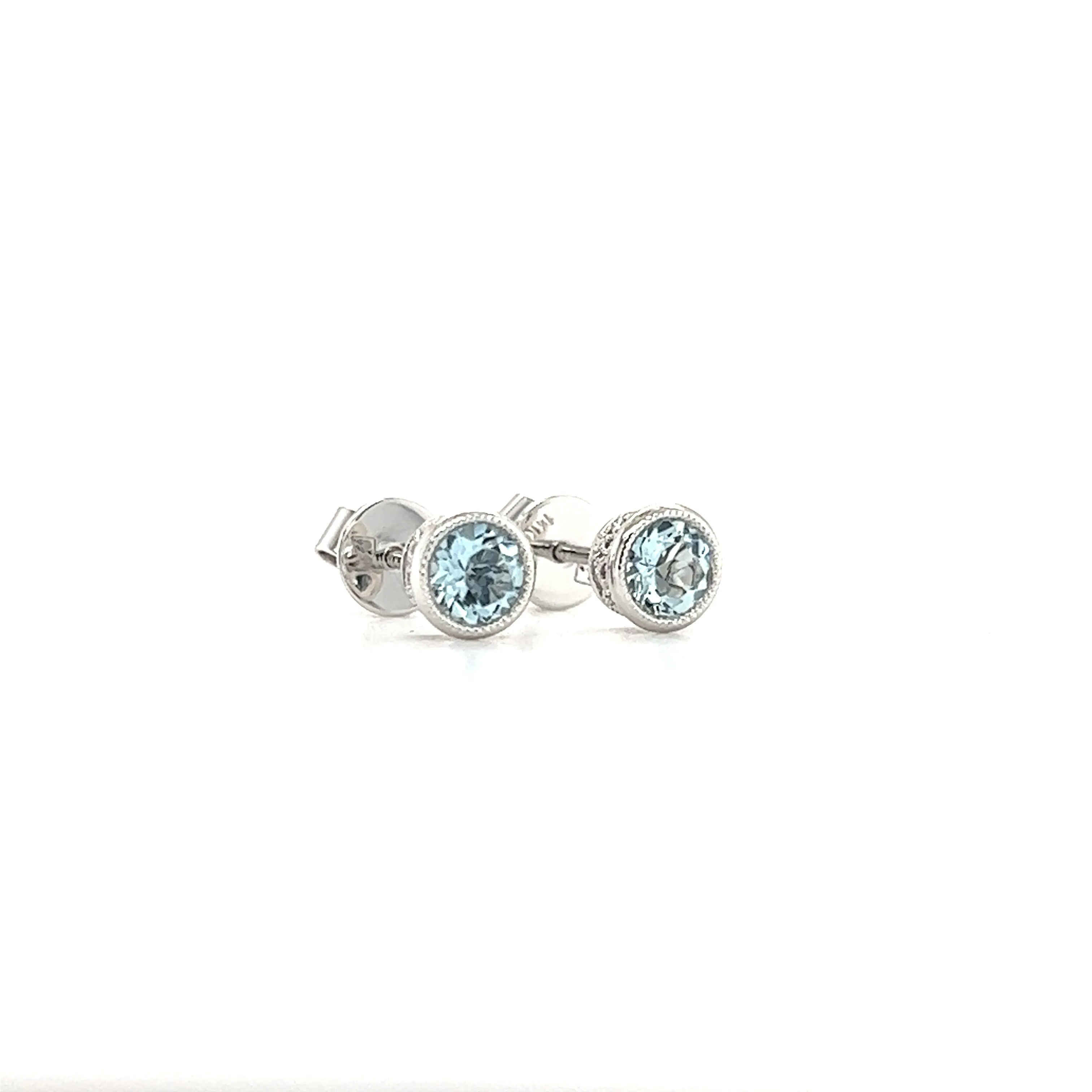 Round Aquamarine Stud Earrings with Filigree and Milgrain in 14K White Gold