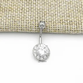 Round Prong Set CZ Center Double Gem Belly Button Navel Ring - Silver