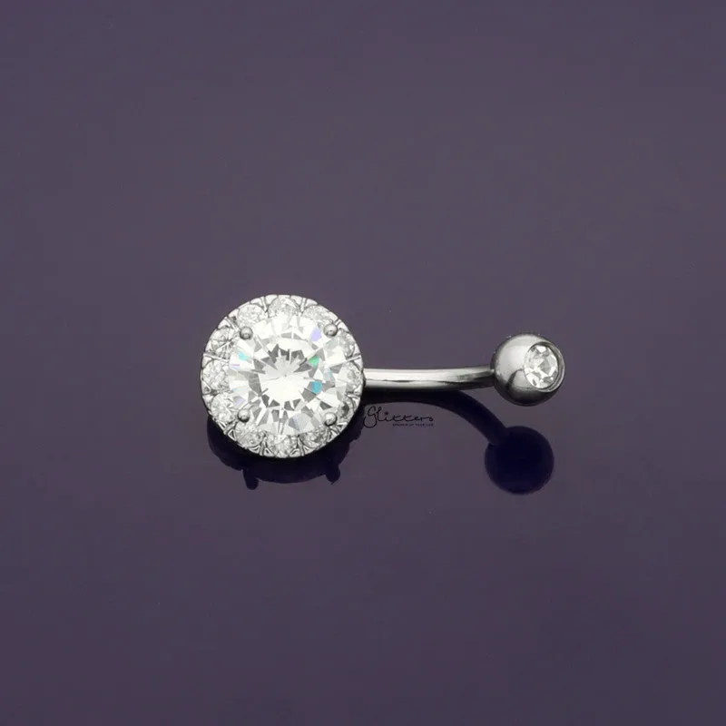 Round Prong Set CZ Center Double Gem Belly Button Navel Ring - Silver