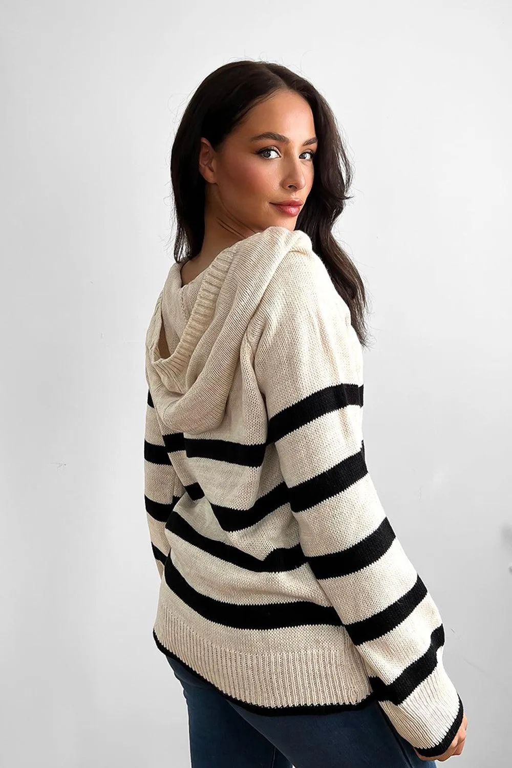 Stripy Knit High Neck Hoodie Jumper