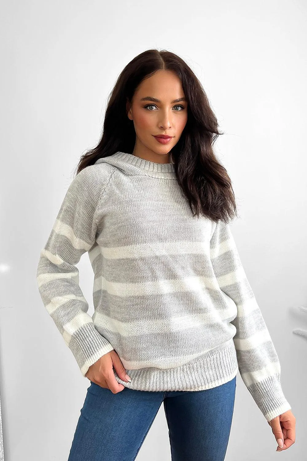 Stripy Knit High Neck Hoodie Jumper