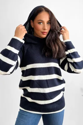 Stripy Knit High Neck Hoodie Jumper