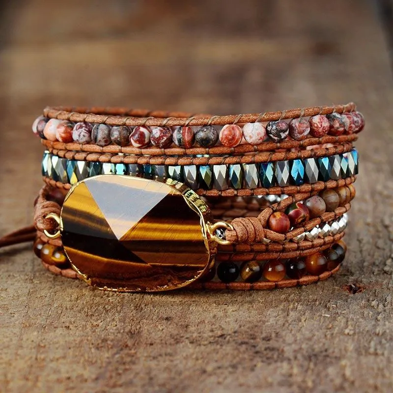 Tiger's Eye Charm & Jasper Wrap Bracelet