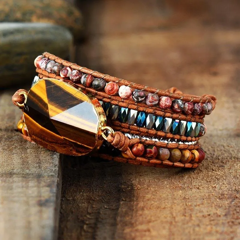 Tiger's Eye Charm & Jasper Wrap Bracelet