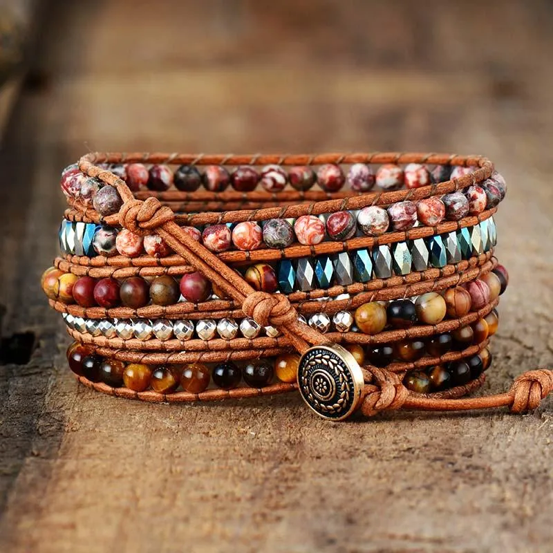 Tiger's Eye Charm & Jasper Wrap Bracelet