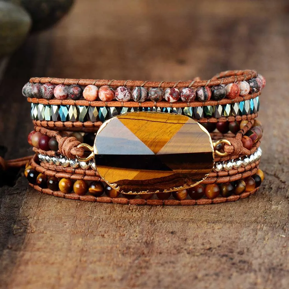 Tiger's Eye Charm & Jasper Wrap Bracelet