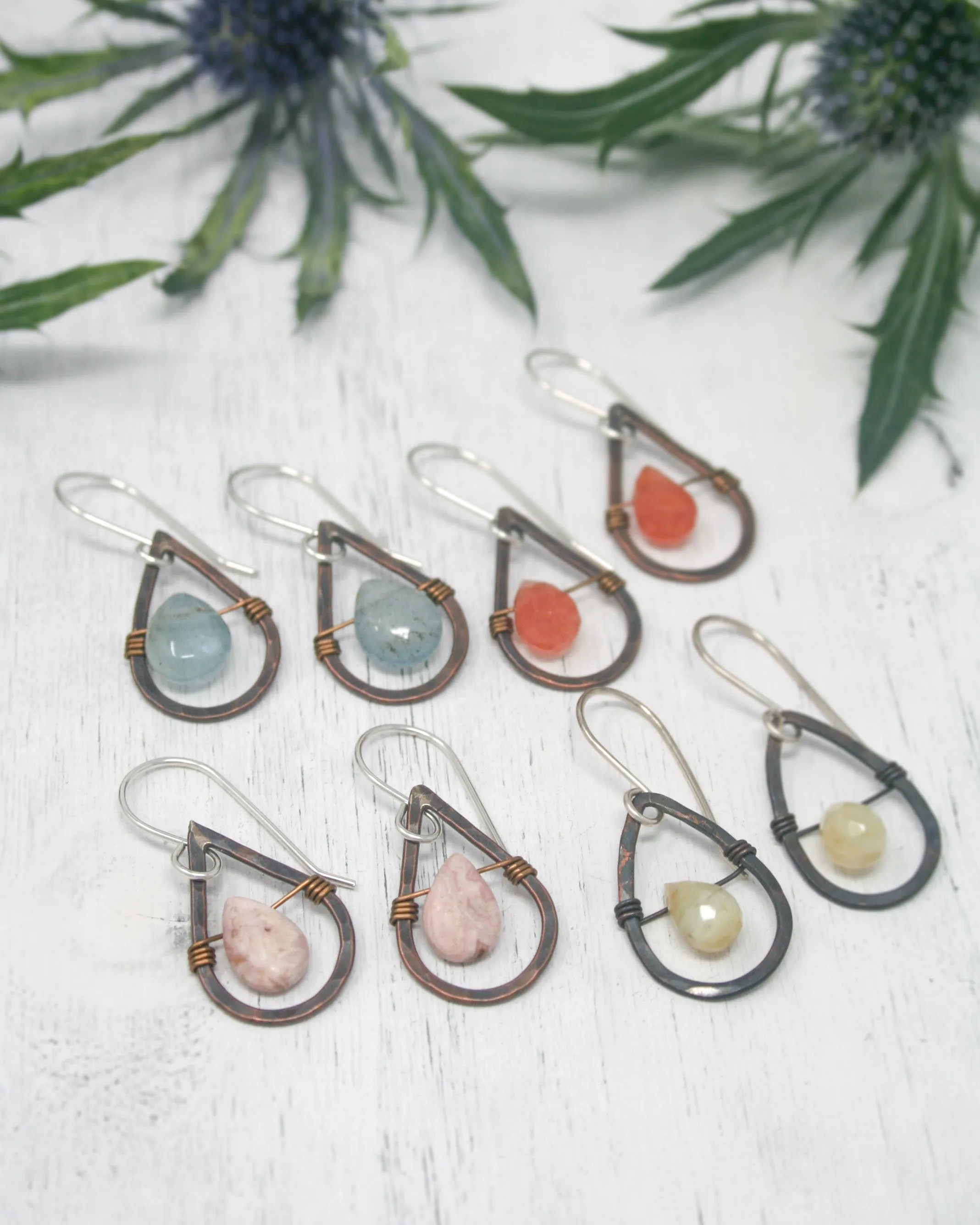 Whimsy drops dark patina small earrings with gemstone drop [made to order]