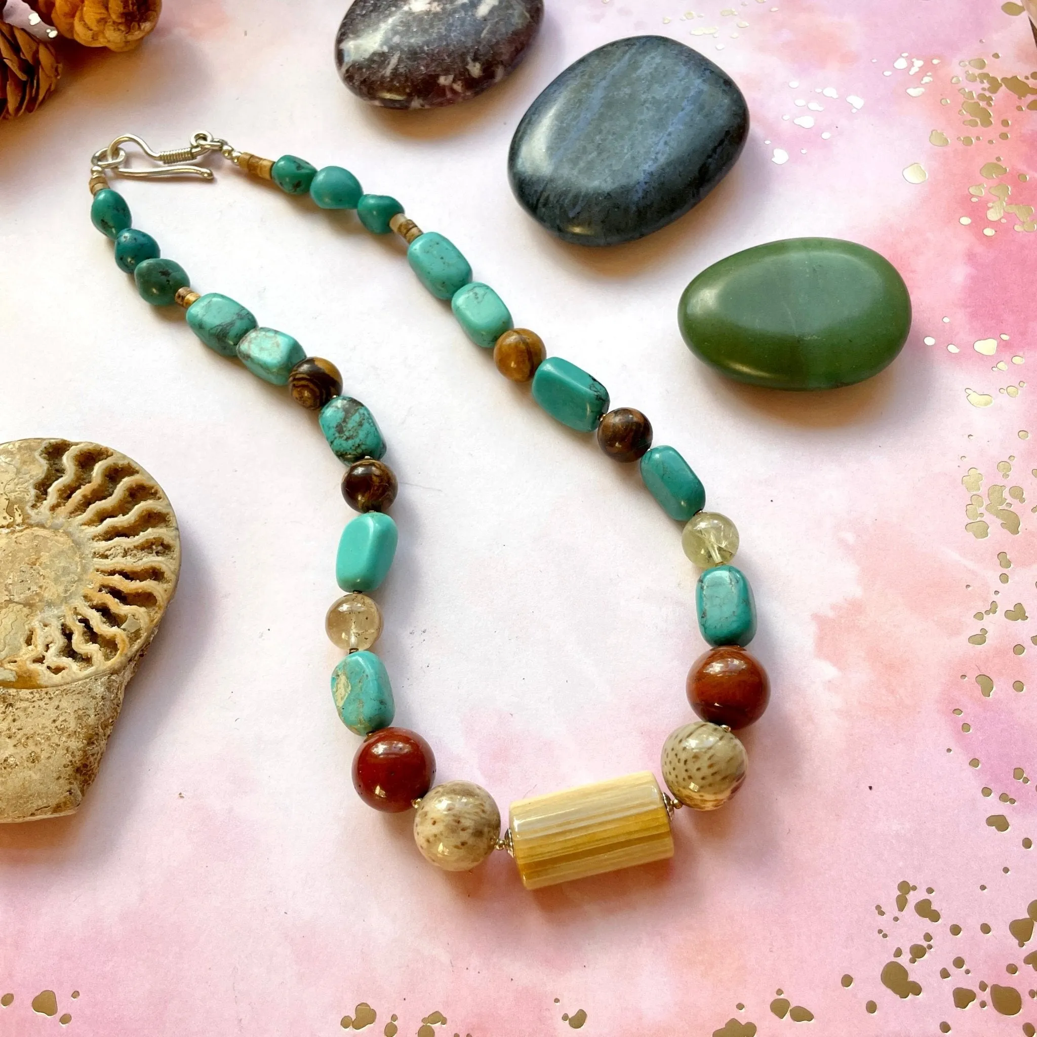 Wilderness Necklace - Petrified Wood, Turquoise